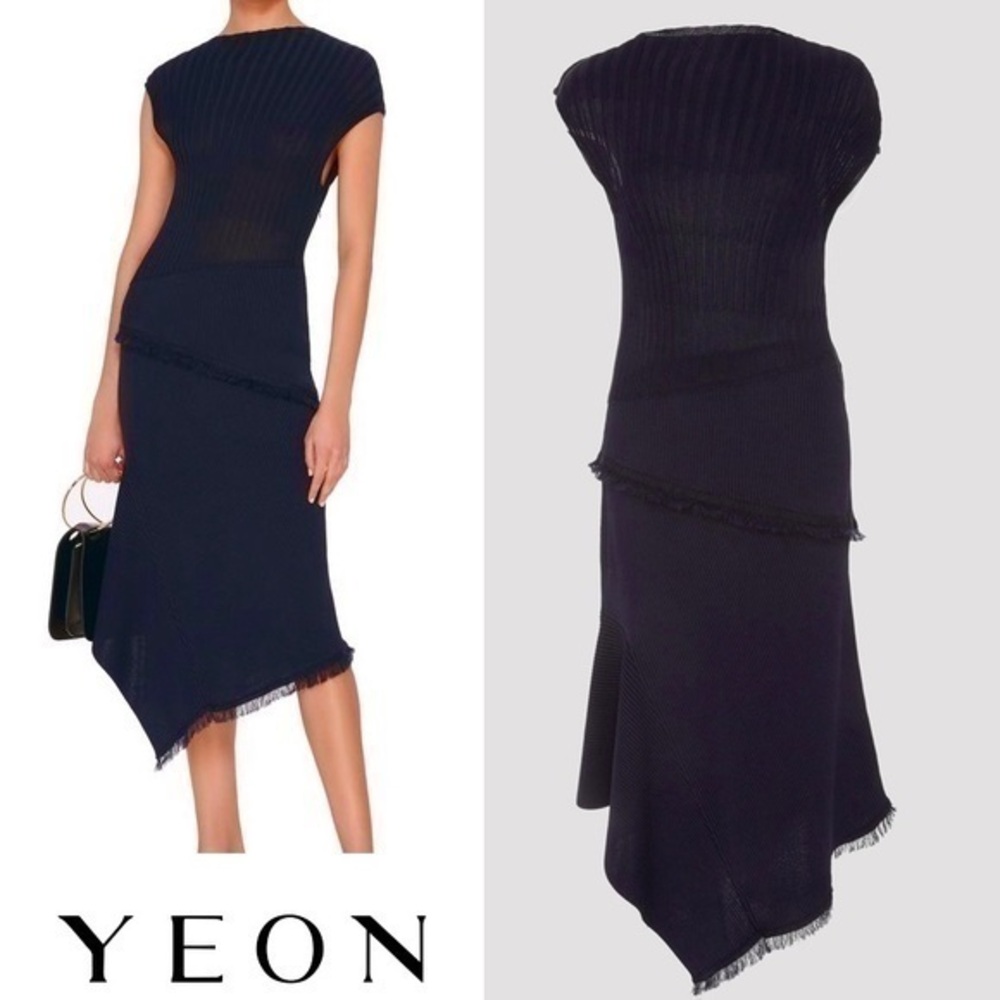 Yeon Amina Knit Navy Blue Sleeveless Asymmetrical Midi Dress S